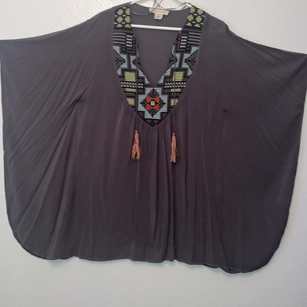 S/M grey rayon dress with bat wings and embellished cross-stitch on top. Comfy
